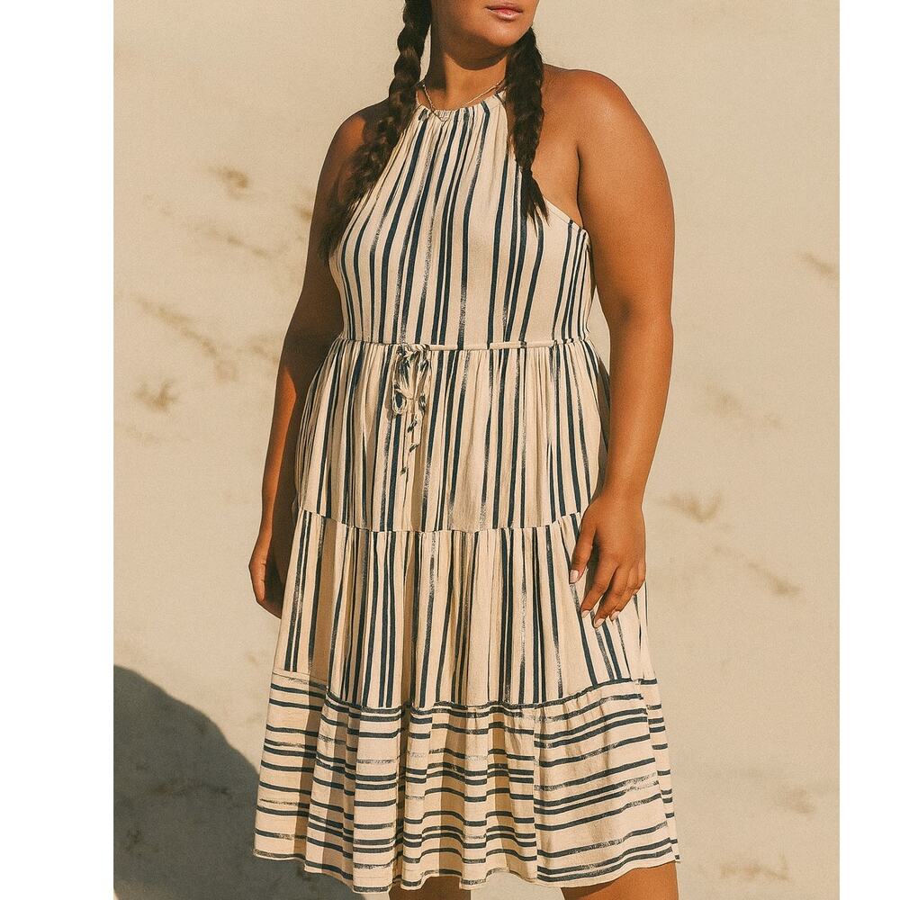 Eloquii Tiered Cream Blue Striped Sleeveless Halter Midi Dress Sz 14 Resortwear